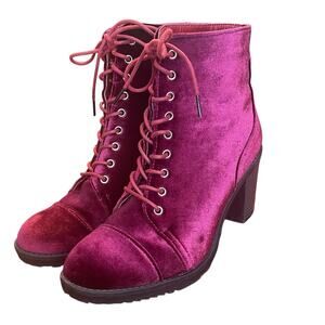 Burgundy Velvet Ankle Boots Size 9 Lace up Witchy Whimsigoth Victorian Chunky